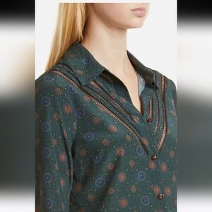 Rowena Scarf Print Stretch Silk Blouse VERONICA BEARD Emerald Multi SIZE 16
